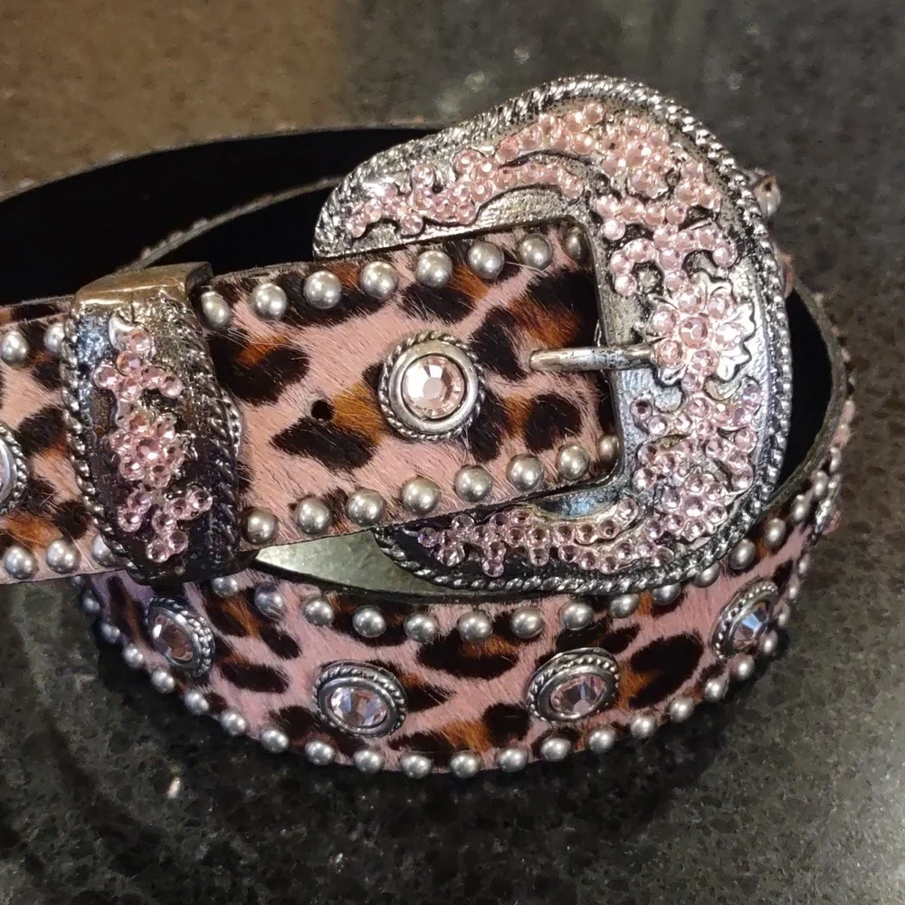 LEATHERROCK | Pink 🩷 Leopard Calf Hair Rhinestone Embellished Cowgirl Belt
